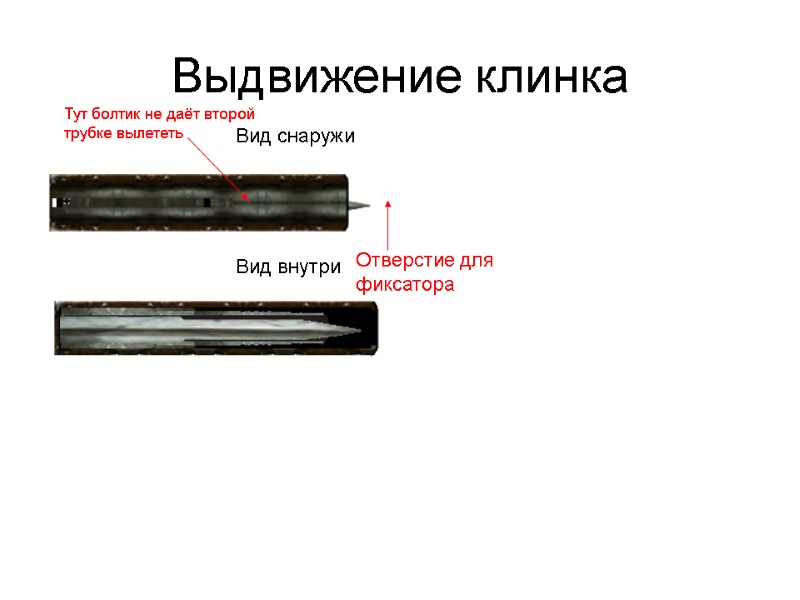 Выдвижение клинка  Вид внутри Вид снаружи Отверстие для фиксатора Тут болтик не даёт